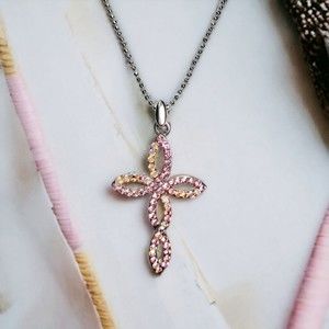 Beautiful Open Cross Necklace Pink & Pink AB Rhinestone Religious Pendant 18"